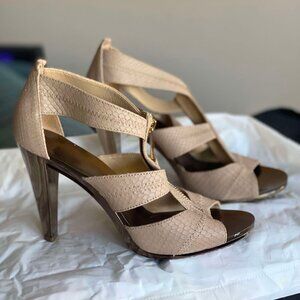 Michael Kors MK Berkley T Strap Nude Embossed Sandal size 8 Snake skin Leather